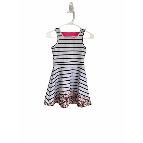 Black White Striped Floral Pink A-Line Mini Dress - Picture 1 of 4